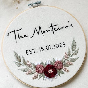 Personalized Wedding Embroidery Ring bearer pillow, Wall Decor, Gift for the couple Romantic, Roses, Garden Burgundy/Rose