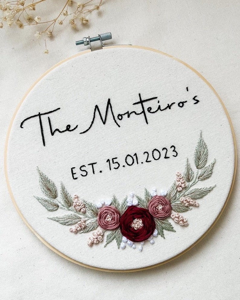 Personalized Wedding Embroidery Ring bearer pillow, Wall Decor, Gift for the couple Romantic, Roses, Garden Burgundy/Rose