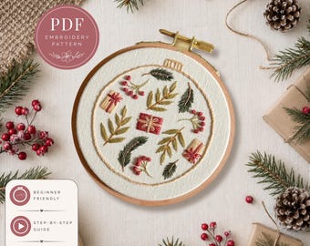 Christmas Ornament Embroidery Pattern PDF, Holiday Wreath Ornament Pattern, Beginner Hand Embroidery Design
