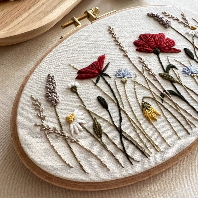 Summer Meadow Embroidery PDF Pattern Step by Step Video Tutorial Beginner Friendly Embroidery Poppies, Cornflowers, Daisies image 2