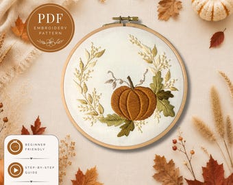 Pumpkin Embroidery Pattern PDF, Fall Floral Hoop Embroidery Pattern, Autumn Hand Embroidery Design, Beginner Embroidery