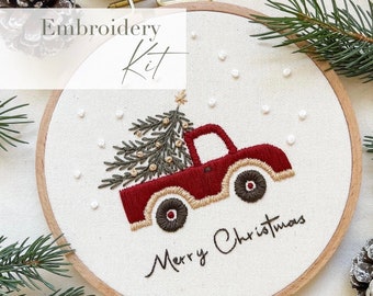 Beginner Christmas Embroidery Kit, DIY Red Truck Embroidery Kit with Pattern, Holiday Hand Embroidery Starter Kit, Craft Kit for Adults