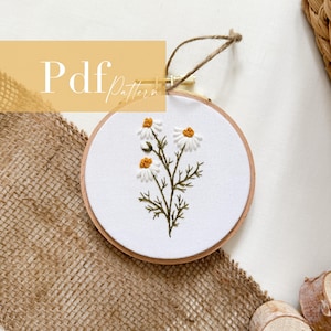 Patrón de bordado de margaritas en PDF, patrón de bordado floral minimalista, diseño de bordado a mano para principiantes, patrón de bastidor de flores silvestres
