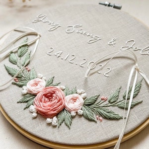 Personalized Wedding Embroidery Ring bearer pillow, Wall Decor, Gift for the couple Romantic, Roses, Garden Dusty Pink