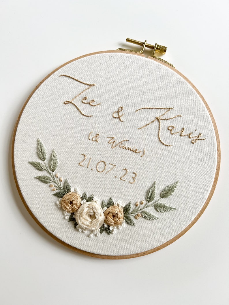 Personalized Wedding Embroidery Ring bearer pillow, Wall Decor, Gift for the couple Romantic, Roses, Garden Sand/Ecru