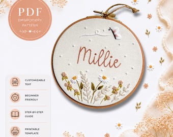 Floral Name Embroidery Pattern PDF | Beginner Embroidery Pattern | Modern Personalized Name Hoop Pattern | Instant Download