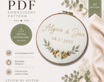 Wedding Name Embroidery Pattern PDF, Floral Hoop Embroidery Pattern, Couple Name Embroidery Design, Beginner Hand Embroidery