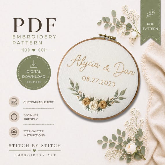 Wedding Name Embroidery Pattern PDF, Floral Hoop Embroidery Pattern, Couple Name Embroidery Design, Beginner Hand Embroidery