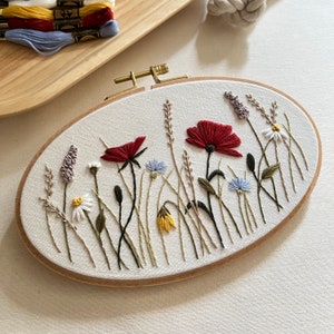Summer Meadow Embroidery PDF Pattern Step by Step Video Tutorial Beginner Friendly Embroidery Poppies, Cornflowers, Daisies image 5