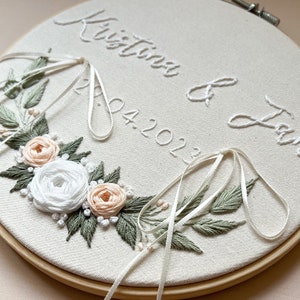 Personalized Wedding Embroidery Ring bearer pillow, Wall Decor, Gift for the couple Romantic, Roses, Garden Peach/White