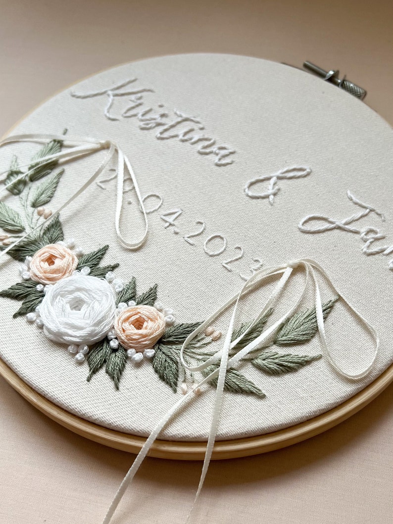 Personalized Wedding Embroidery Ring bearer pillow, Wall Decor, Gift for the couple Romantic, Roses, Garden Peach/White