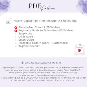 Op de afbeelding: Een digitaal PDF-patroon met de tekst "PDF Pattern". De afbeelding geeft de inhoud van de PDF weer, inclusief een stapsgewijze tutorial, een beginnersgids, een materiaallijst, een kleurengids, een steekgids en een traceerbaar patroon.
