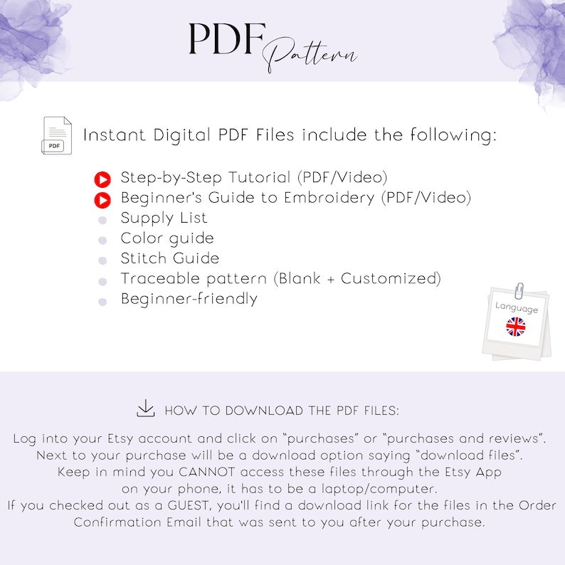 Op de afbeelding: Een digitaal PDF-patroon met de tekst "PDF Pattern". De afbeelding geeft de inhoud van de PDF weer, inclusief een stapsgewijze tutorial, een beginnersgids, een materiaallijst, een kleurengids, een steekgids en een traceerbaar patroon.