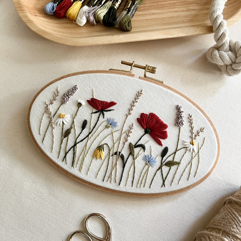 Summer Meadow Embroidery PDF Pattern Step by Step Video Tutorial Beginner Friendly Embroidery Poppies, Cornflowers, Daisies image 4