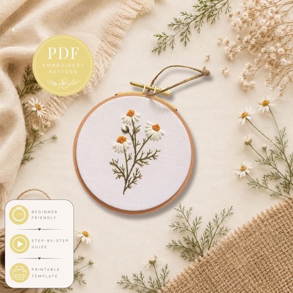 Daisy Embroidery Pattern PDF, Minimal Floral Embroidery Pattern, Beginner Hand Embroidery Design, Wildflower Hoop Pattern