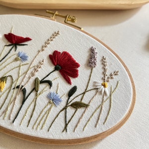 Summer Meadow Embroidery PDF Pattern Step by Step Video Tutorial Beginner Friendly Embroidery Poppies, Cornflowers, Daisies image 3