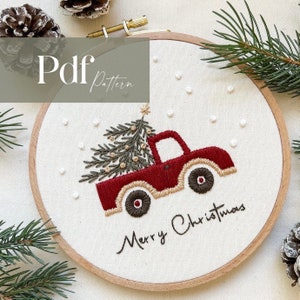 Christmas Truck with Tree | Embroidery Pattern | PDF Embroidery Pattern | Step by Step Beginner Guide + Video Tutorials |
