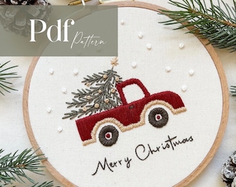 Christmas Truck with Tree | Embroidery Pattern | PDF Embroidery Pattern | Step by Step Beginner Guide + Video Tutorials |