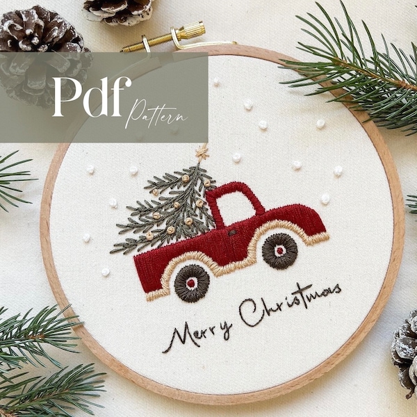 Christmas Truck with Tree | Embroidery Pattern | PDF Embroidery Pattern | Step by Step Beginner Guide + Video Tutorials |