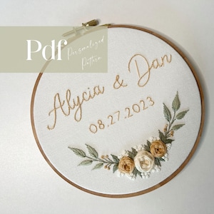 Personalized Wedding Embroidery Pattern | PDF Pattern + Step by Step Video Tutorial | Romantic, Garden, Roses | Beginner Friendly Embroidery