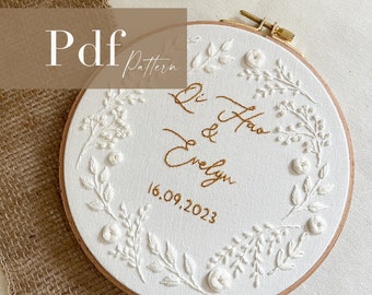 Monochrome Wreath Embroidery Pattern | Personalized PDF Pattern | Wedding, Nursery, Babyshower, Birthday | neutral/cream tones |