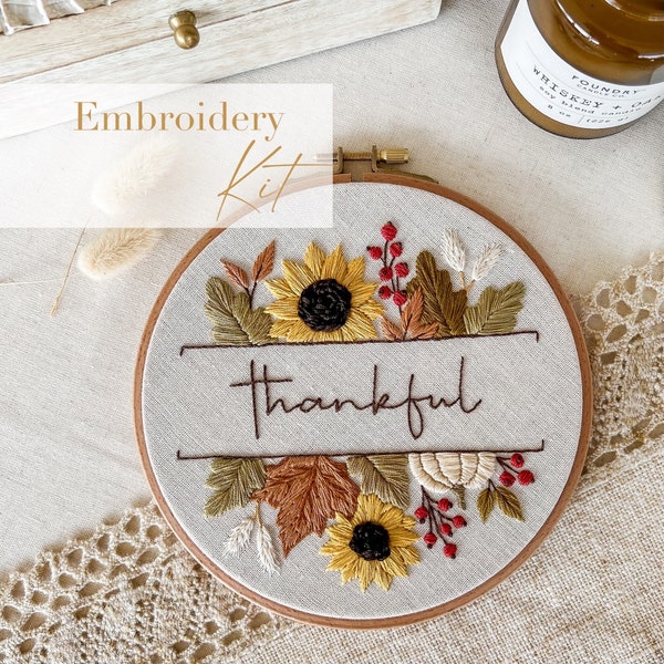 Embroidery DIY Kit | Hand Embroidery DIY Kit | Thanksgiving - autumnal embroidery hoop “ thankful” | Beginner Embroidery Pattern