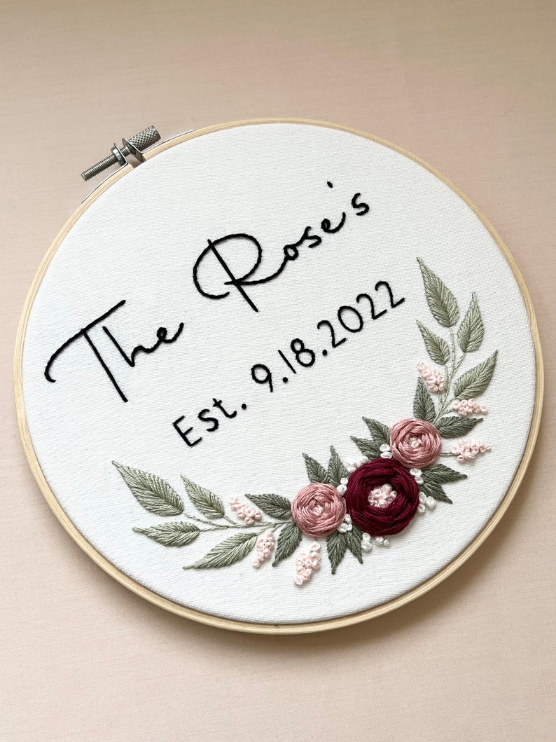 Personalized Wedding Embroidery Ring bearer pillow, Wall Decor, Gift for the couple Romantic, Roses, Garden image 7