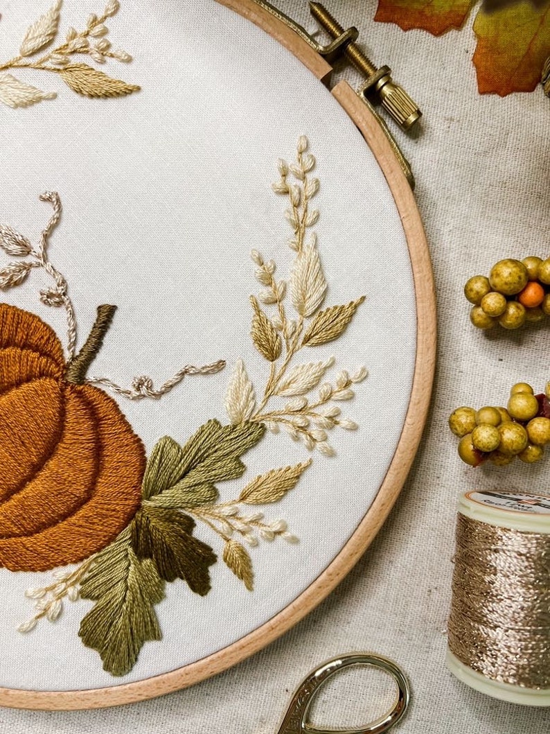 Pumpkin Embroidery Pattern PDF, Fall Floral Hoop Embroidery Pattern ...