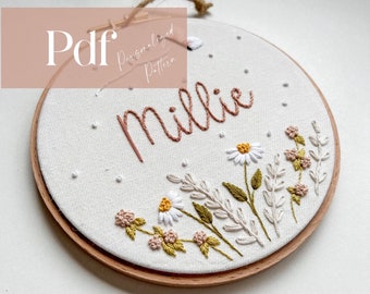 Marguerites et papillons - Motif de broderie personnalisé | Patron PDF personnalisé + tutoriel vidéo | Art de broderie pour chambre de bébé/enfants |