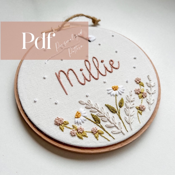 Marguerites et papillons - Motif de broderie personnalisé | Patron PDF personnalisé + tutoriel vidéo | Art de broderie pour chambre de bébé/enfants |