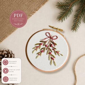 Patrón de bordado de muérdago en PDF, patrón de aro para adorno navideño, diseño de bordado a mano para festividades, bordado para principiantes