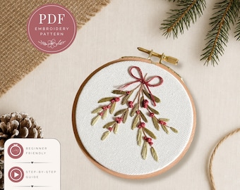 Mistletoe Embroidery Pattern PDF, Christmas Ornament Hoop Pattern, Holiday Hand Embroidery Design, Beginner Embroidery