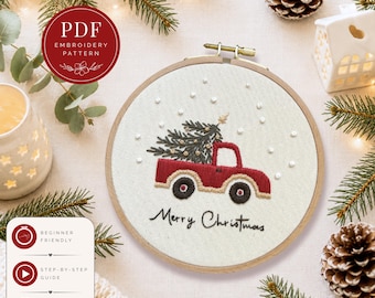 Borduurpatroon kerstvrachtwagen pdf, borduurpatroon rode vrachtwagen kerstboom, borduurontwerp vakantiehand