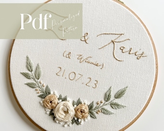 Motif de broderie de mariage personnalisé | Patron PDF + Tutoriel vidéo étape par étape | Romantique, jardin, roses | Broderie adaptée aux débutants