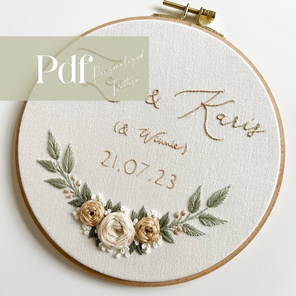 Personalized Wedding Embroidery Pattern | PDF Pattern + Step by Step Video Tutorial | Romantic, Garden, Roses | Beginner Friendly Embroidery