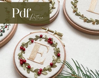 Personalized Initial Christmas Ornament | PDF Beginner Friendly Embroidery Pattern | Guide + Video Tutorial | Winter Wreath/Branches |