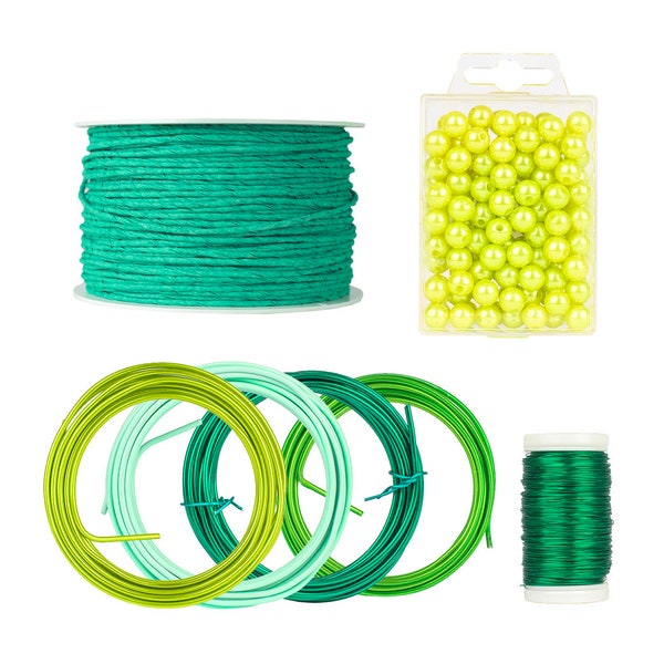 Floristry set green for crafting - paper wire decorative ribbon, aluminum wire, DIY decorative gift ribbon, wire, glitter, wedding flowers