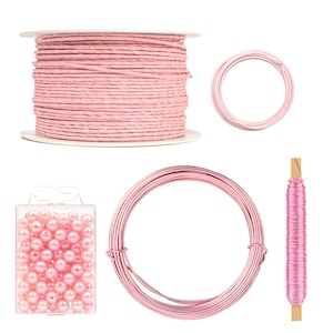 Floristik Set Rosa zum basteln - Papierdraht Dekoband Schleifenband Aluminiumdraht DIY Deko Geschenkband Draht Glitzer Hochzeit Blumen