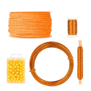 Floristik Set Orange basteln - Papierdraht Dekoband Schleifenband Aluminiumdraht DIY Deko Geschenkband Draht Glitzer Hochzeit Blumen