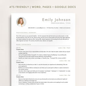 Könnte beinhalten: Ein Lebenslauf-Vorlage mit dem Namen "Emily Johnson" und dem Titel "Professional Title". Das Dokument enthält Abschnitte für eine professionelle Zusammenfassung und Berufserfahrung, mit Anweisungen zu Inhalt und Formatierung. Es ist ATS-freundlich gestaltet.
