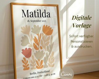 Geburtsdaten Baby personalisiertes Geschenk Geburt Baby Geburtstafel zum ausdrucken Matisse Poster Kinderzimmer Deko personalisiert Andenken