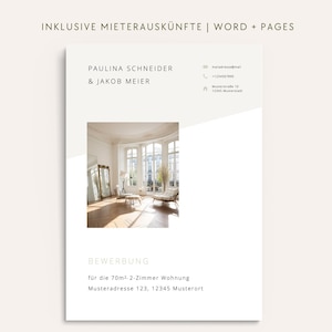 Puede incluir: Una plantilla de currículum minimalista con el texto "INKLUSIVE MIETERAUSKÜNFTE | WORD + PAGES" en la parte superior. La plantilla incluye información de contacto, una foto de una habitación y el texto "BEWERBUNG" y detalles sobre un apartamento.