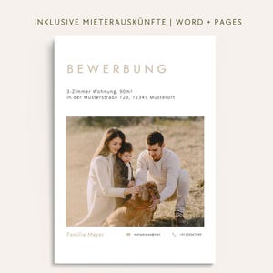 Puede incluir: Documento blanco con el texto "BEWERBUNG" y "3-Zimmer Wohnung, 90m²". Debajo, una foto familiar con un perro. El documento también incluye el texto "INKLUSIVE MIETERAUSKÜNFTE | WORD + PAGES".