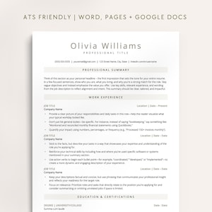 Può includere: Modello di curriculum vitae con il nome "Olivia Williams". Il documento include sezioni per un riepilogo professionale, esperienza lavorativa e istruzione. Il testo fornisce consigli per scrivere un curriculum vitae efficace.