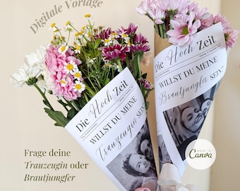 Trauzeugin fragen Zeitung deutsch Hochzeitszeitung Geschenk Trauzeugin Vorschlag Brautjungfern fragen Trauzeugin Karte Zeitungspapier Blumen