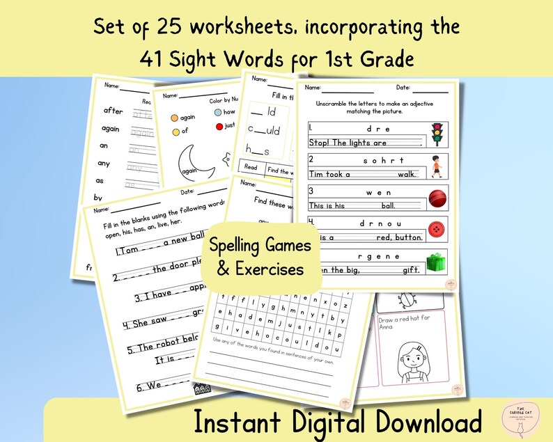 May include: A set of 25 printable worksheets for first grade students. The worksheets focus on 41 sight words and include spelling games and exercises. The worksheets are designed to help students learn to read and write.