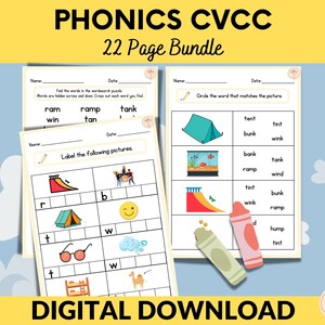 May include: A printable worksheet bundle for teaching phonics with a CVCC sound pattern. The image shows three pages from the bundle, each with a different activity. The first page is a word search, the second page is a picture matching activity, and the third page is a picture labeling activity. The text on the image says "Phonics CVCC 22 Page Bundle".