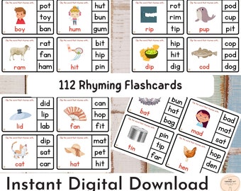 CVC Rhyming Words Activity, Word Families Rhyming Picture Cards, Early Reading CVC, Phonics Activities, Homeschool Reading, Kindergarten CVC