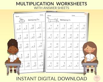 May include: Two black and white printable worksheets for kids to practice multiplication. The first worksheet is titled "Multiplying 0's" and the second worksheet is titled "Multiplying 1's". Each worksheet has a cartoon cat at the top and a cartoon child sitting at a desk with a book.