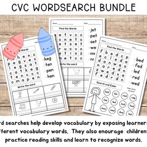 Pu&ograve; includere: Un set di fogli di lavoro di ricerca di parole CVC stampabili per bambini. I fogli di lavoro presentano una variet&agrave; di parole CVC, come "letto", "nutriti", "condotti", "rosso" e "sposati". I fogli di lavoro sono progettati per aiutare i bambini a imparare a leggere e scrivere parole CVC.